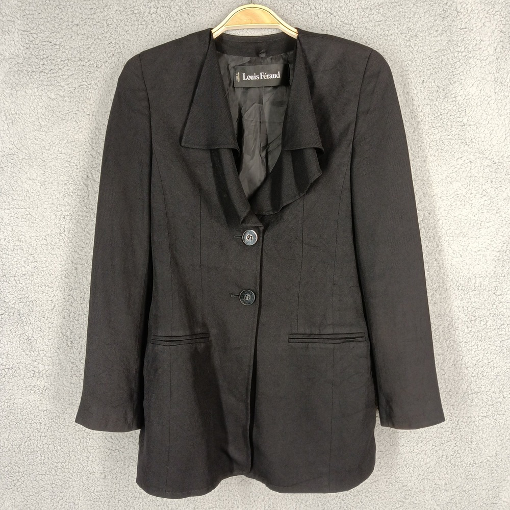 Louis Feraud Size US 4 Blazer Ruffle Front Vintage Jacket Black‎ Viscose